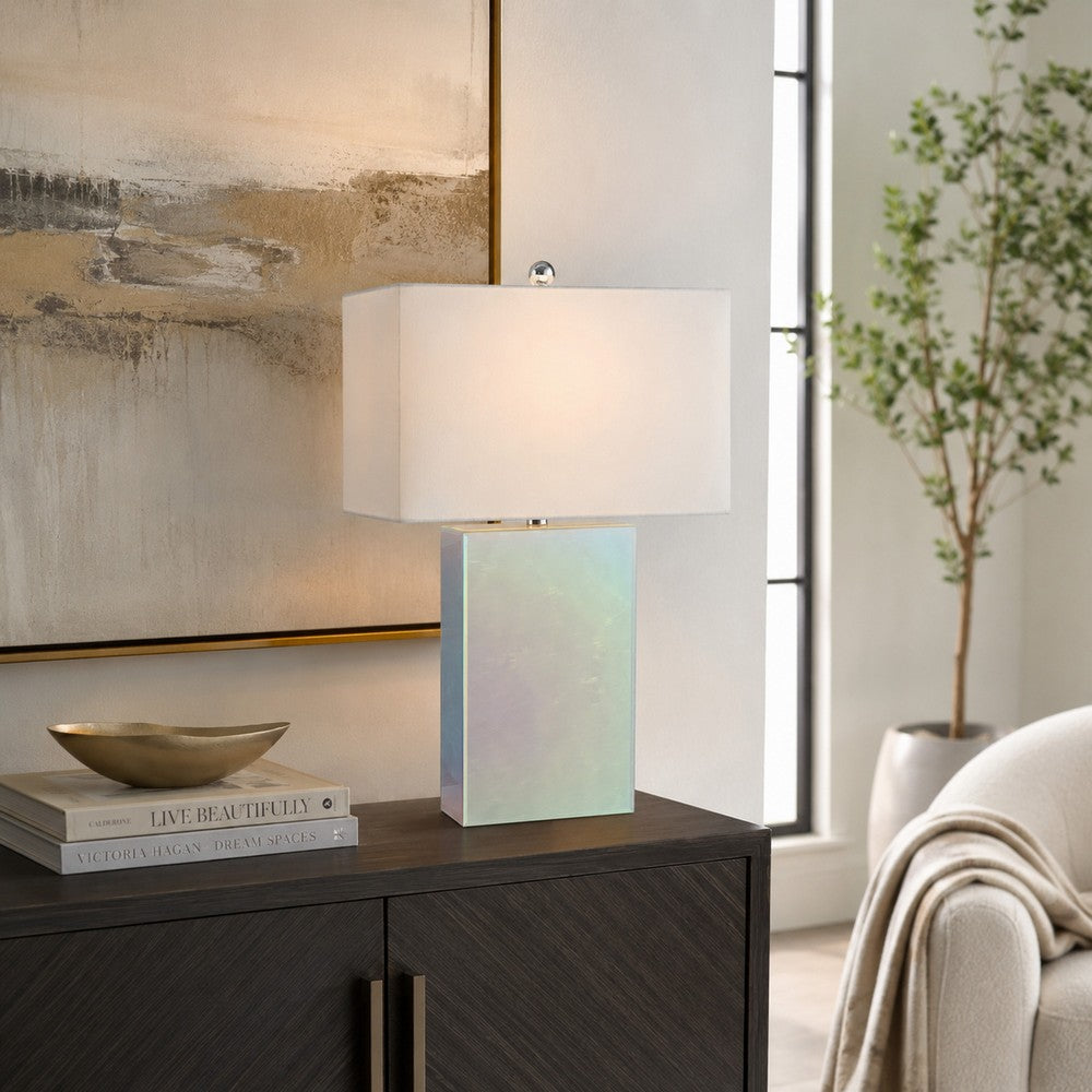 Benjara 26 Inch Table Lamp, Rectangular Stand, Set of 2, Glass, Multitone White