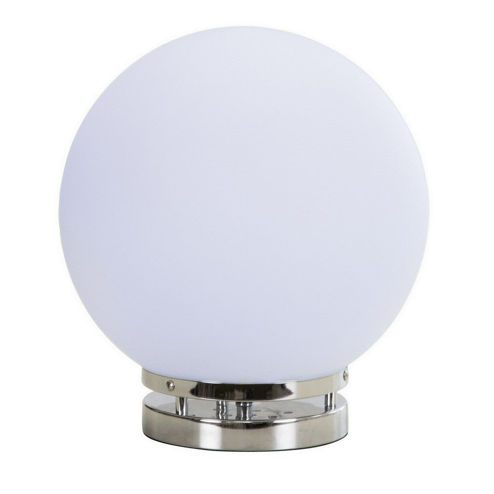 Benjara 13 Inch Table Lamp, Globe LED Shade, Glass, Frosted White And Chrome