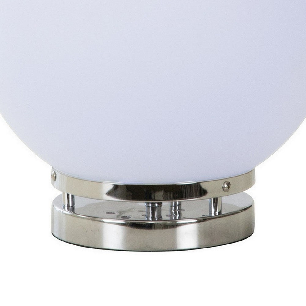 Benjara 13 Inch Table Lamp, Globe LED Shade, Glass, Frosted White And Chrome
