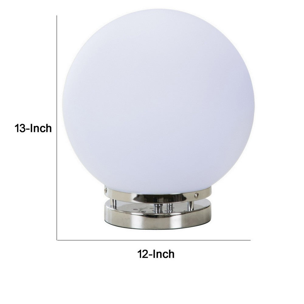 Benjara 13 Inch Table Lamp, Globe LED Shade, Glass, Frosted White And Chrome