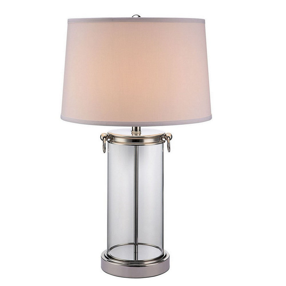 Benjara Axie 28 Inch Table Lamp, Glass Stand, Empire Shade, Metal, Nickel Finish