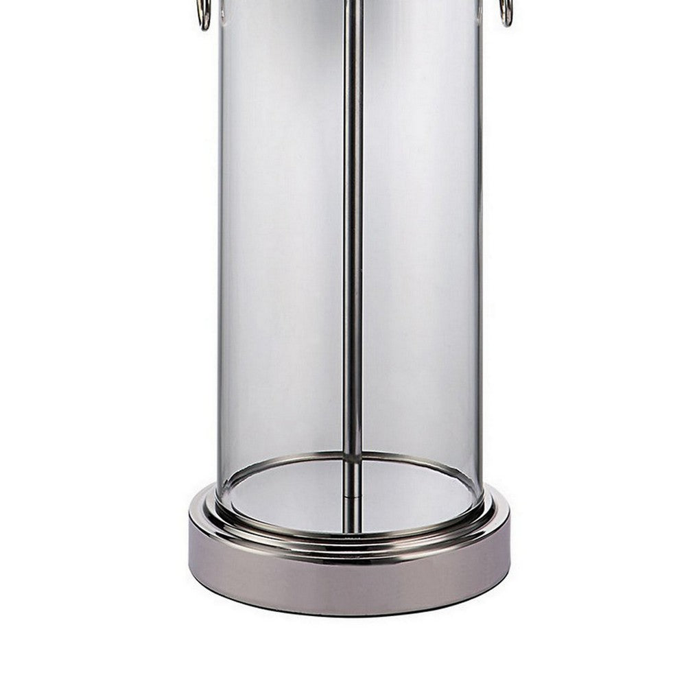 Benjara Axie 28 Inch Table Lamp, Glass Stand, Empire Shade, Metal, Nickel Finish