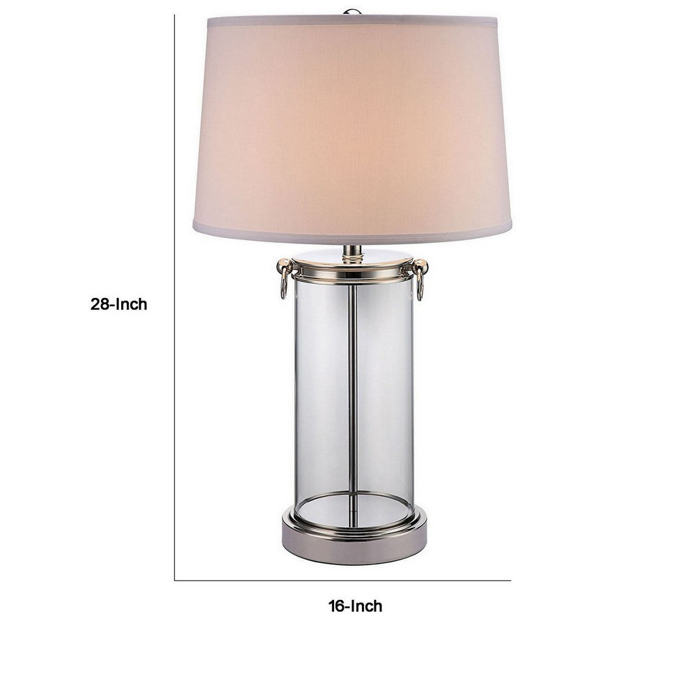 Benjara Axie 28 Inch Table Lamp, Glass Stand, Empire Shade, Metal, Nickel Finish