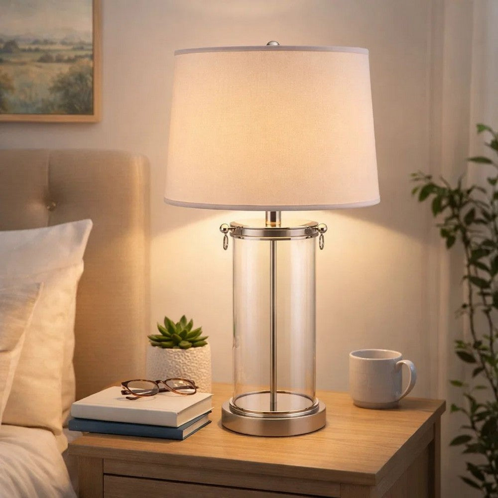 Benjara Axie 28 Inch Table Lamp, Glass Stand, Empire Shade, Metal, Nickel Finish