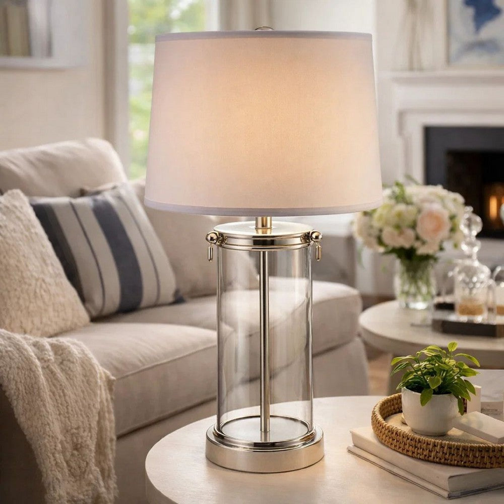 Benjara Axie 28 Inch Table Lamp, Glass Stand, Empire Shade, Metal, Nickel Finish