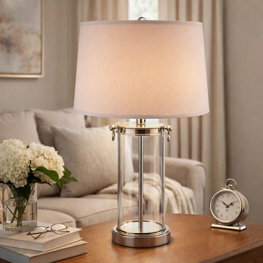 Benjara Axie 28 Inch Table Lamp, Glass Stand, Empire Shade, Metal, Nickel Finish