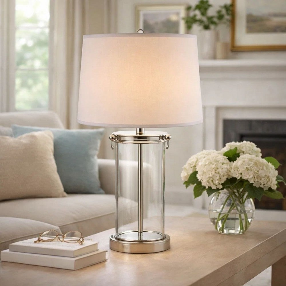 Benjara Axie 28 Inch Table Lamp, Glass Stand, Empire Shade, Metal, Nickel Finish