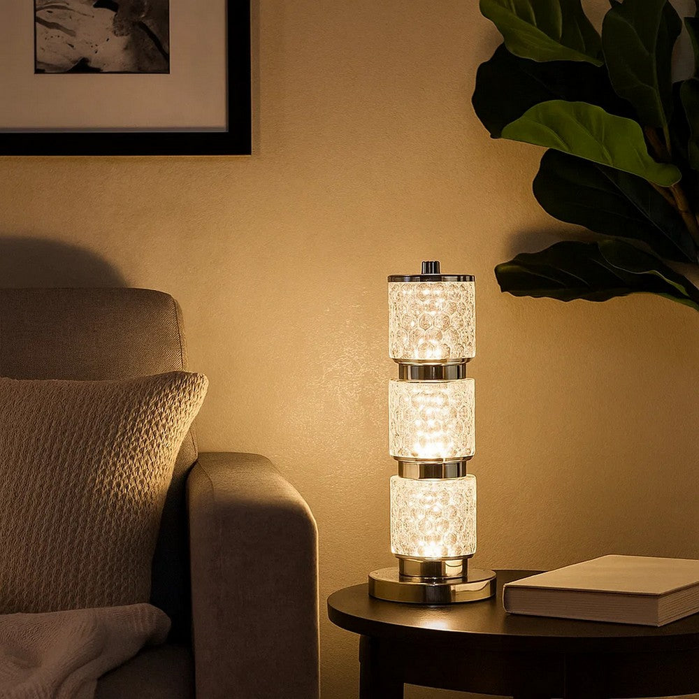 Benjara Siri 19 Inch Table Lamp with LED Glass Shade, Metal Base, Nickel Finish