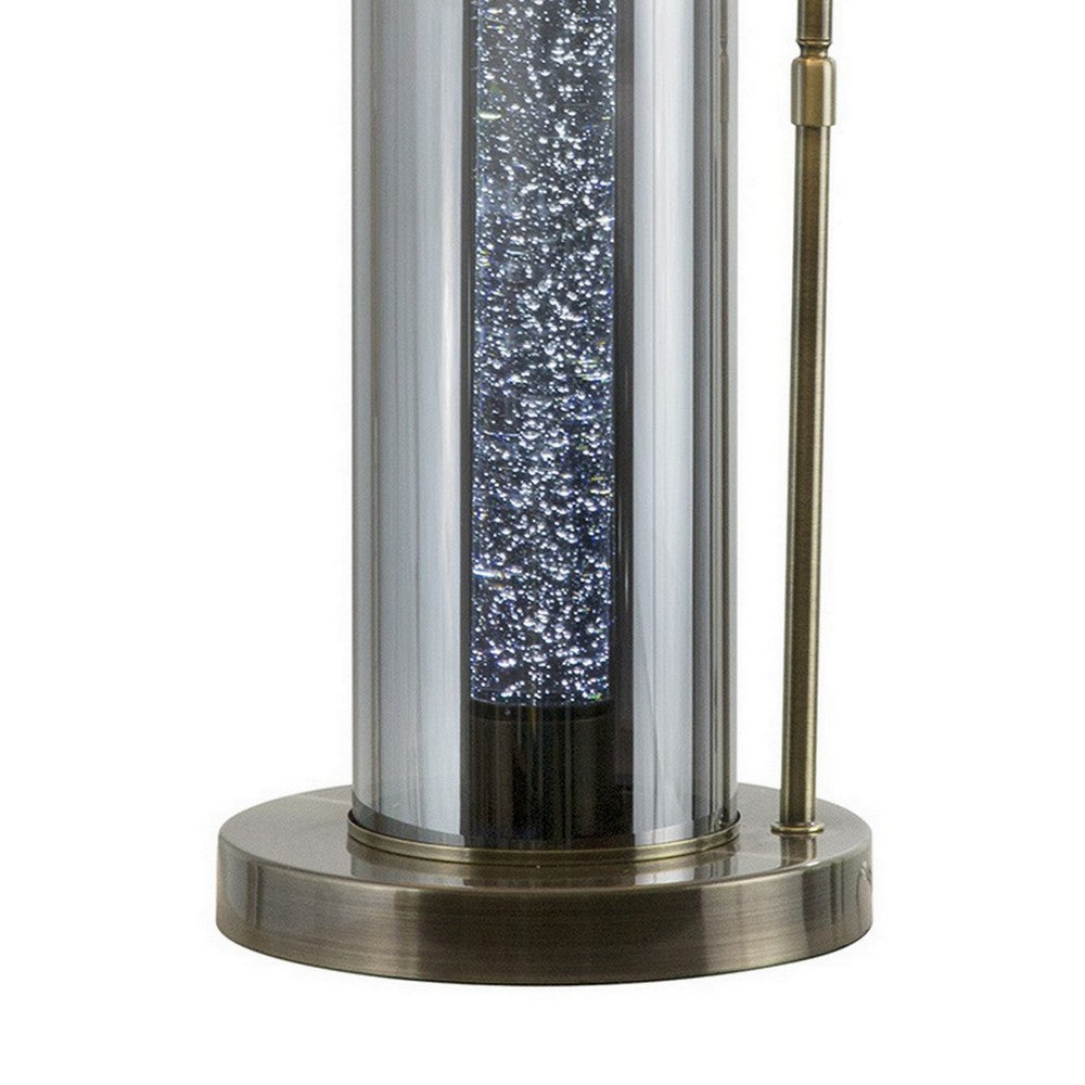 Benjara 29 Inch Table Lamp with LED Night Light Stand, Glass, Antique Brass