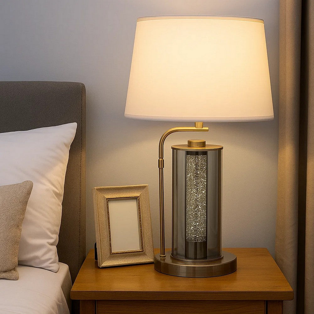 Benjara 29 Inch Table Lamp with LED Night Light Stand, Glass, Antique Brass