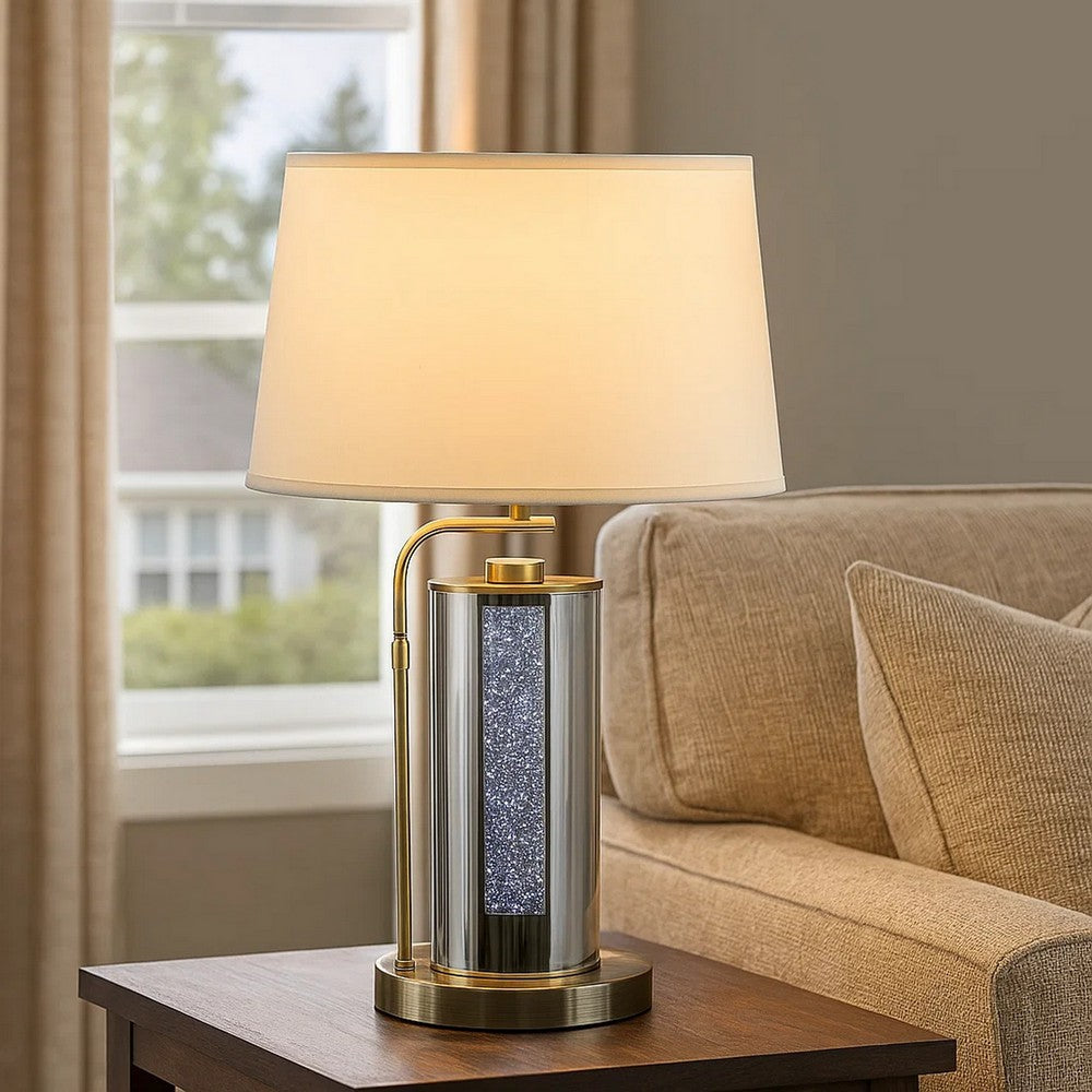 Benjara 29 Inch Table Lamp with LED Night Light Stand, Glass, Antique Brass