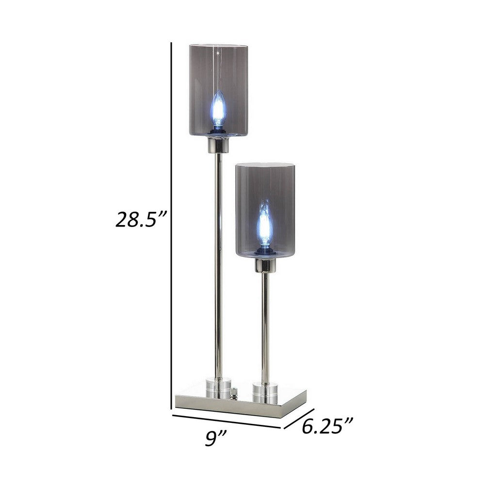 Benjara 29 Inch Table Lamp with Dual Gray Shade, Glass And Metal, Nickel Finish