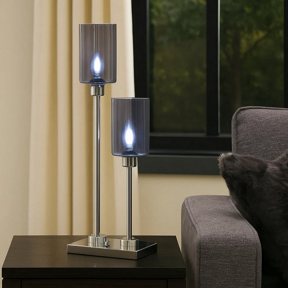 Benjara 29 Inch Table Lamp with Dual Gray Shade, Glass And Metal, Nickel Finish