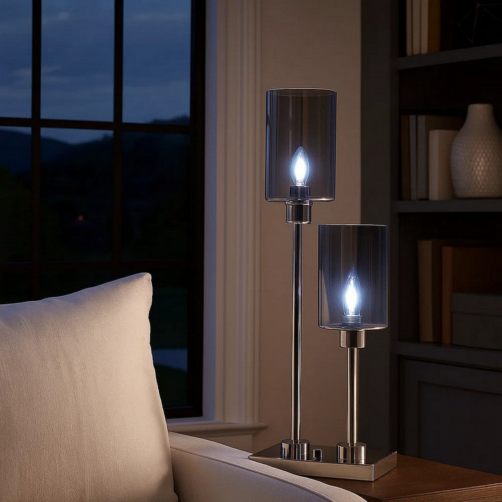 Benjara 29 Inch Table Lamp with Dual Gray Shade, Glass And Metal, Nickel Finish