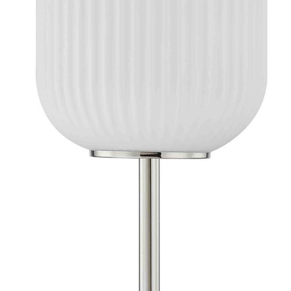 Benjara Aimy 27 Inch Table Lamp, LED Glass Shade, Metal, Chrome And White Finish