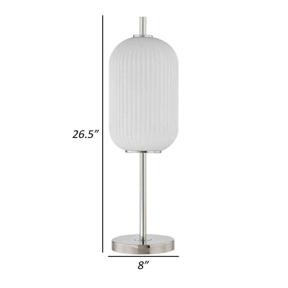 Benjara Aimy 27 Inch Table Lamp, LED Glass Shade, Metal, Chrome And White Finish