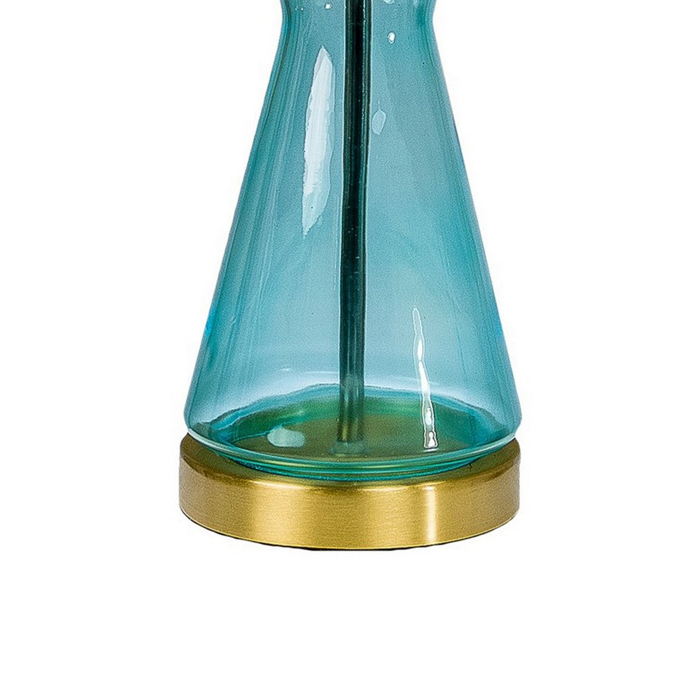 Benjara Elma 24 Inch Table Lamp Set of 2, Hourglass Stand, Gold Trim, Glass, Blue