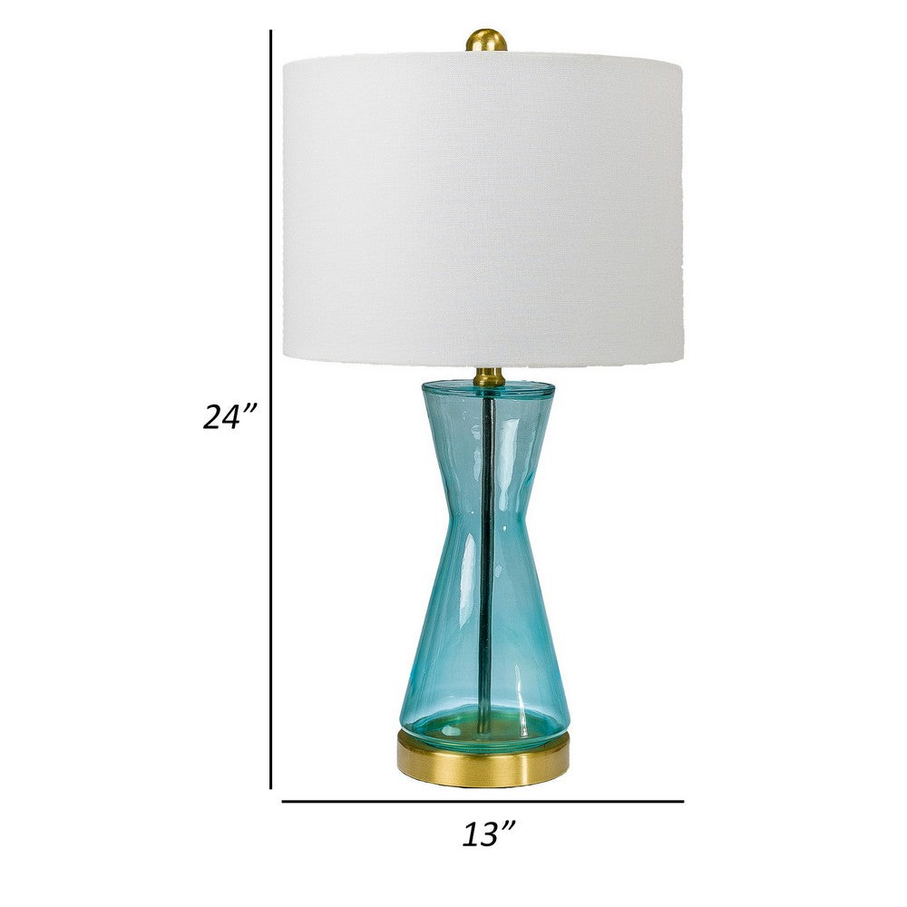 Benjara Elma 24 Inch Table Lamp Set of 2, Hourglass Stand, Gold Trim, Glass, Blue