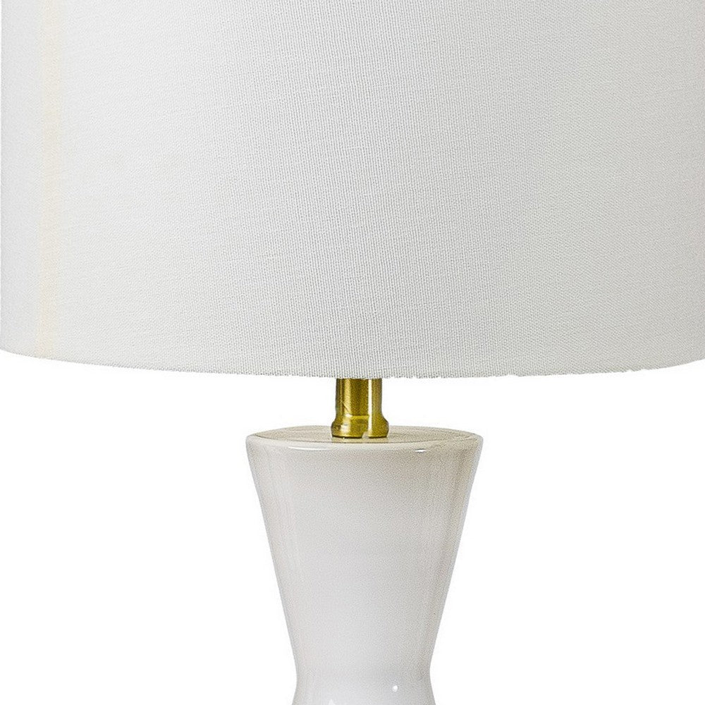 Benjara Elma 24 Inch Table Lamp Set of 2, Hourglass Stand, Gold Trim, Glass, White