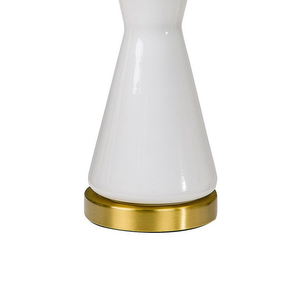 Benjara Elma 24 Inch Table Lamp Set of 2, Hourglass Stand, Gold Trim, Glass, White
