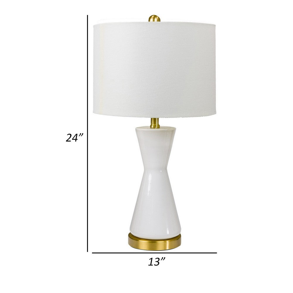 Benjara Elma 24 Inch Table Lamp Set of 2, Hourglass Stand, Gold Trim, Glass, White