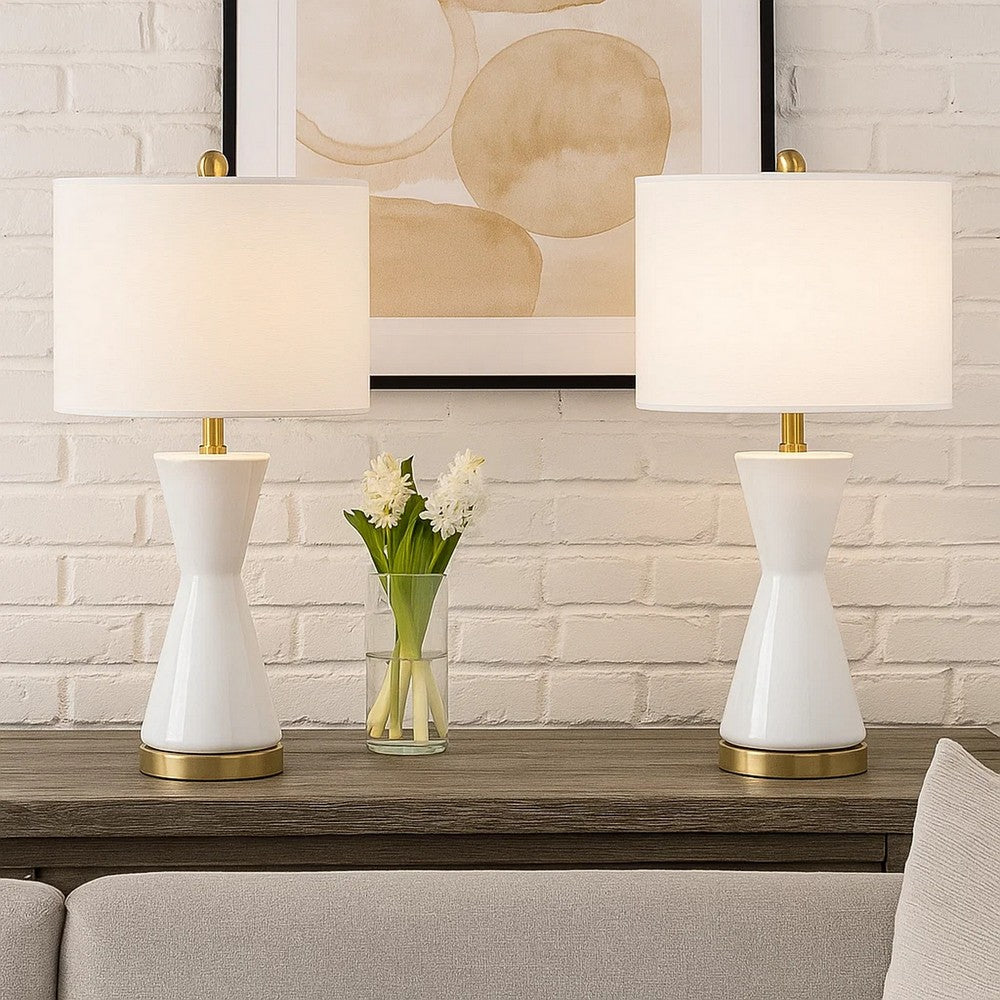 Benjara Elma 24 Inch Table Lamp Set of 2, Hourglass Stand, Gold Trim, Glass, White