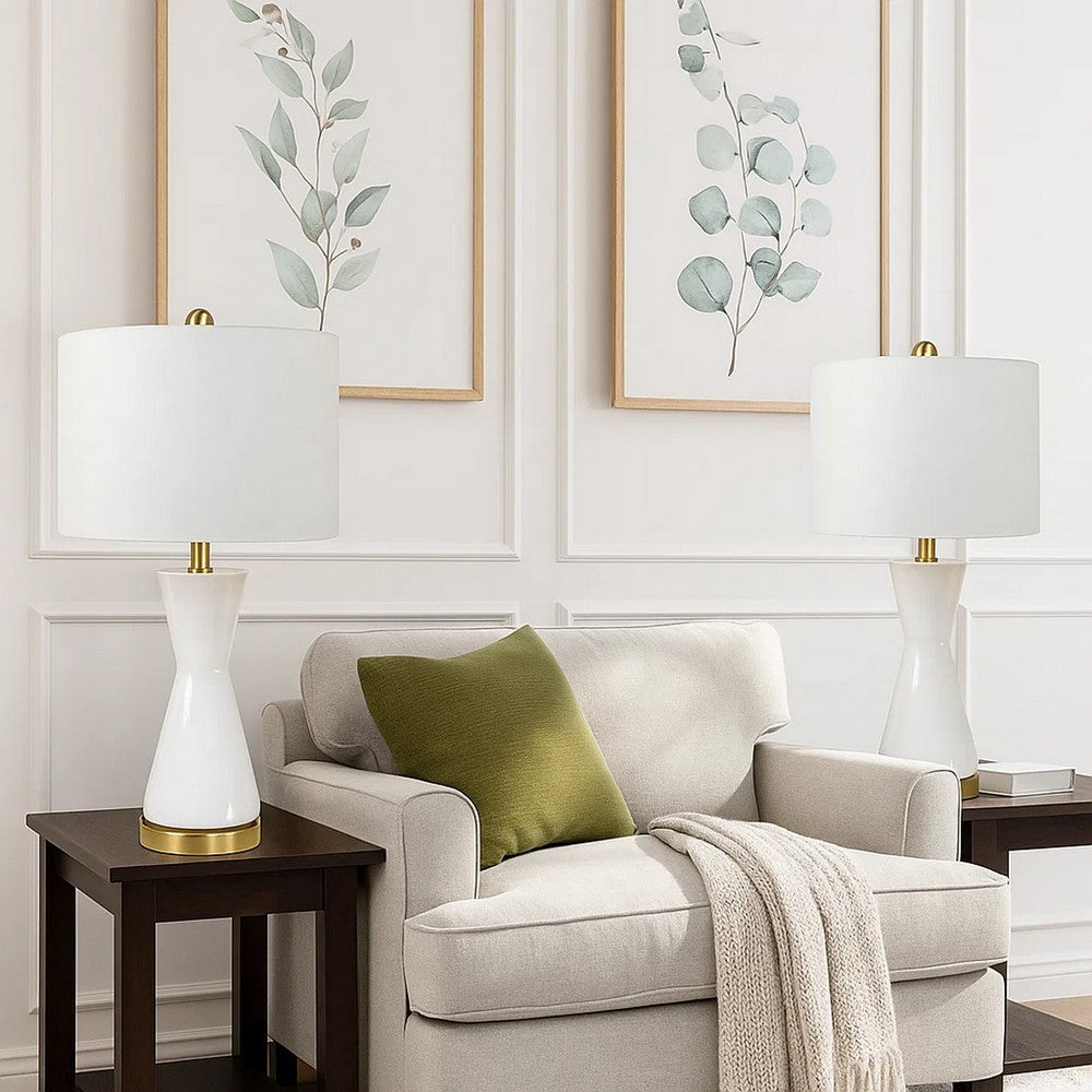 Benjara Elma 24 Inch Table Lamp Set of 2, Hourglass Stand, Gold Trim, Glass, White