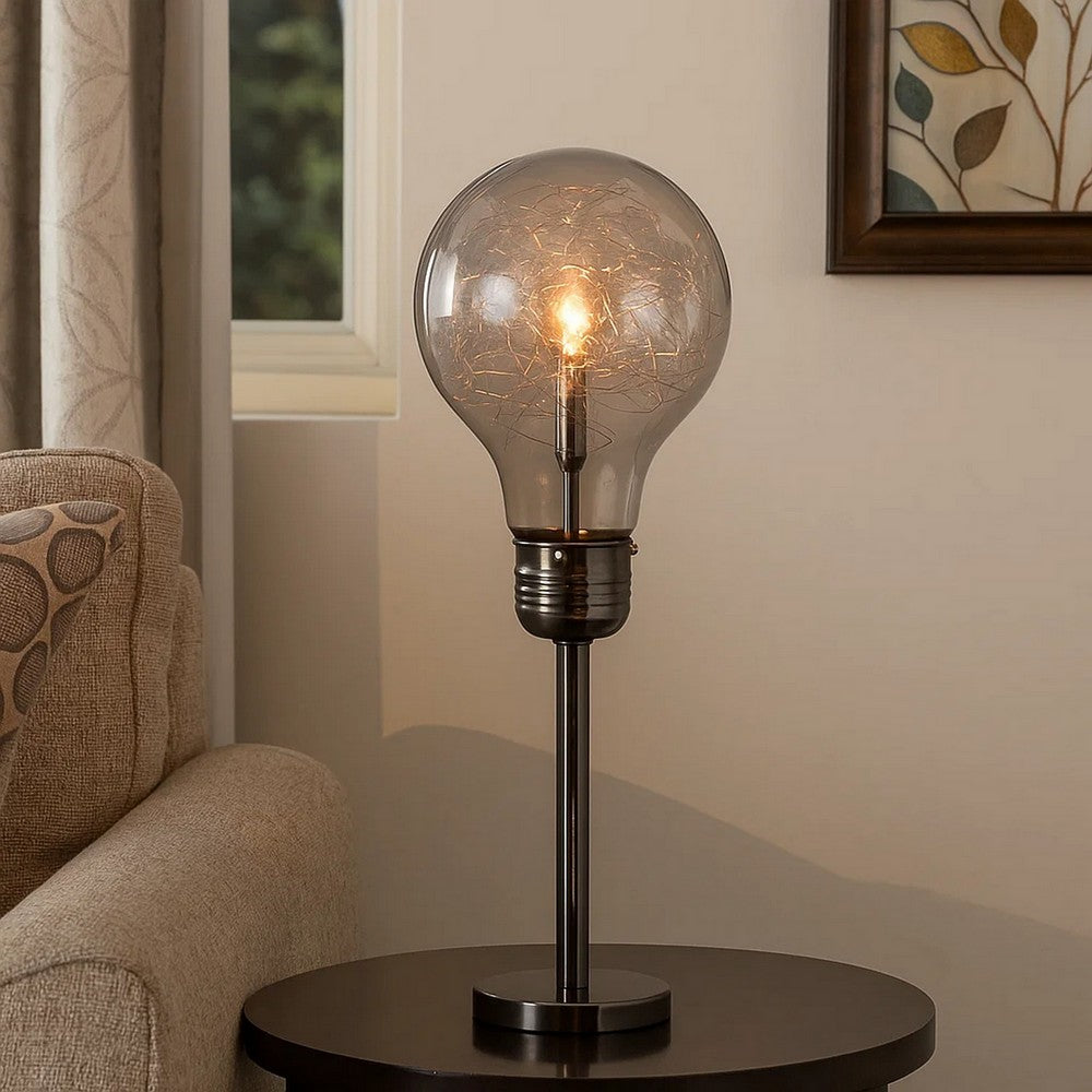 Benjara Febe 26 Inch Table Lamp, Large Bulb Shade, Glass, Metal, Black Nickel