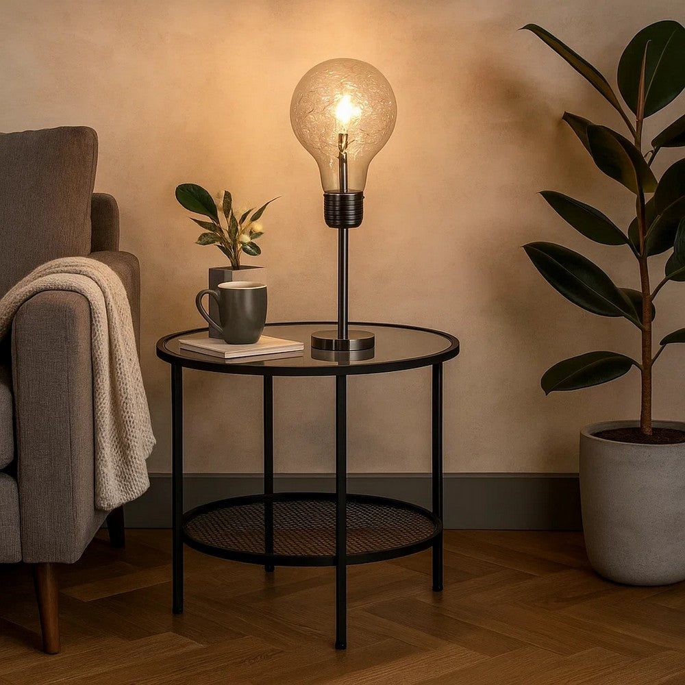Benjara Febe 26 Inch Table Lamp, Large Bulb Shade, Glass, Metal, Black Nickel