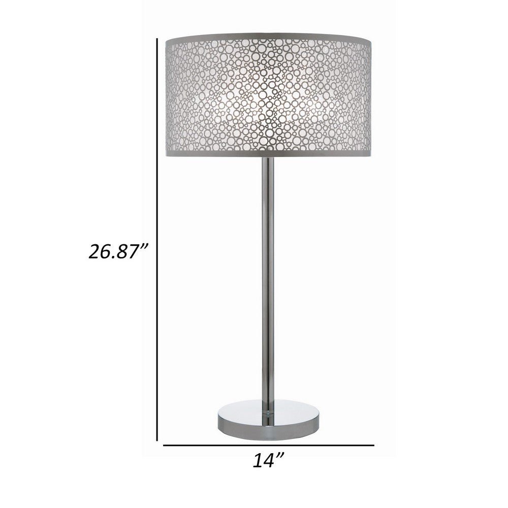 Benjara 27 Inch Table Lamp with Metal And Fabric Shade, 
Sleek Chrome Finish