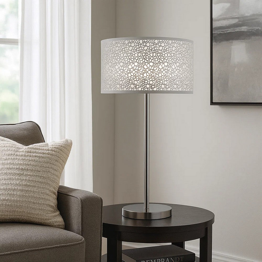 Benjara 27 Inch Table Lamp with Metal And Fabric Shade, 
Sleek Chrome Finish