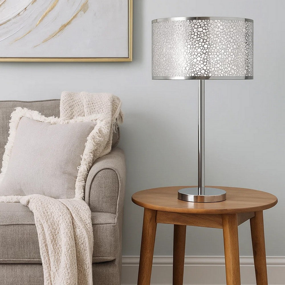 Benjara 27 Inch Table Lamp with Metal And Fabric Shade, 
Sleek Chrome Finish