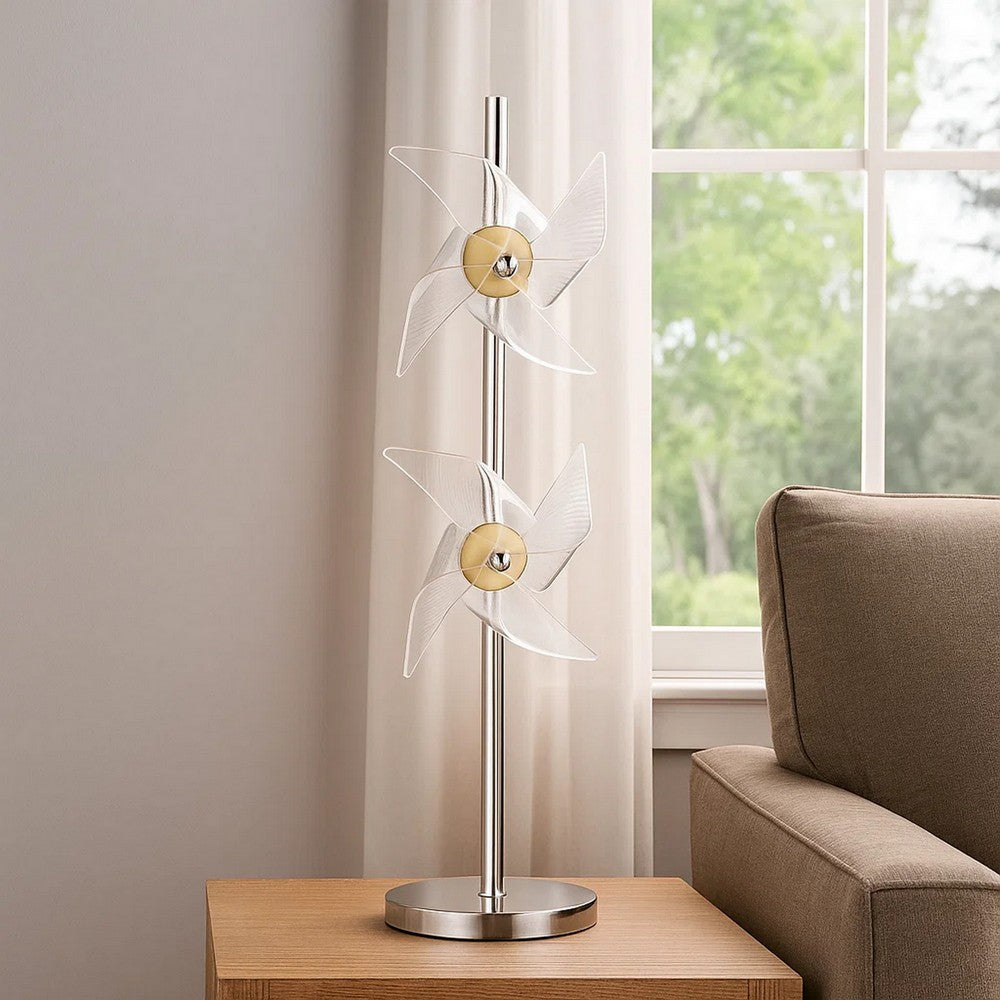Benjara 29 Inch Table Lamp, LED Pinwheel Shades, Metal, Acrylic, Sand Chrome