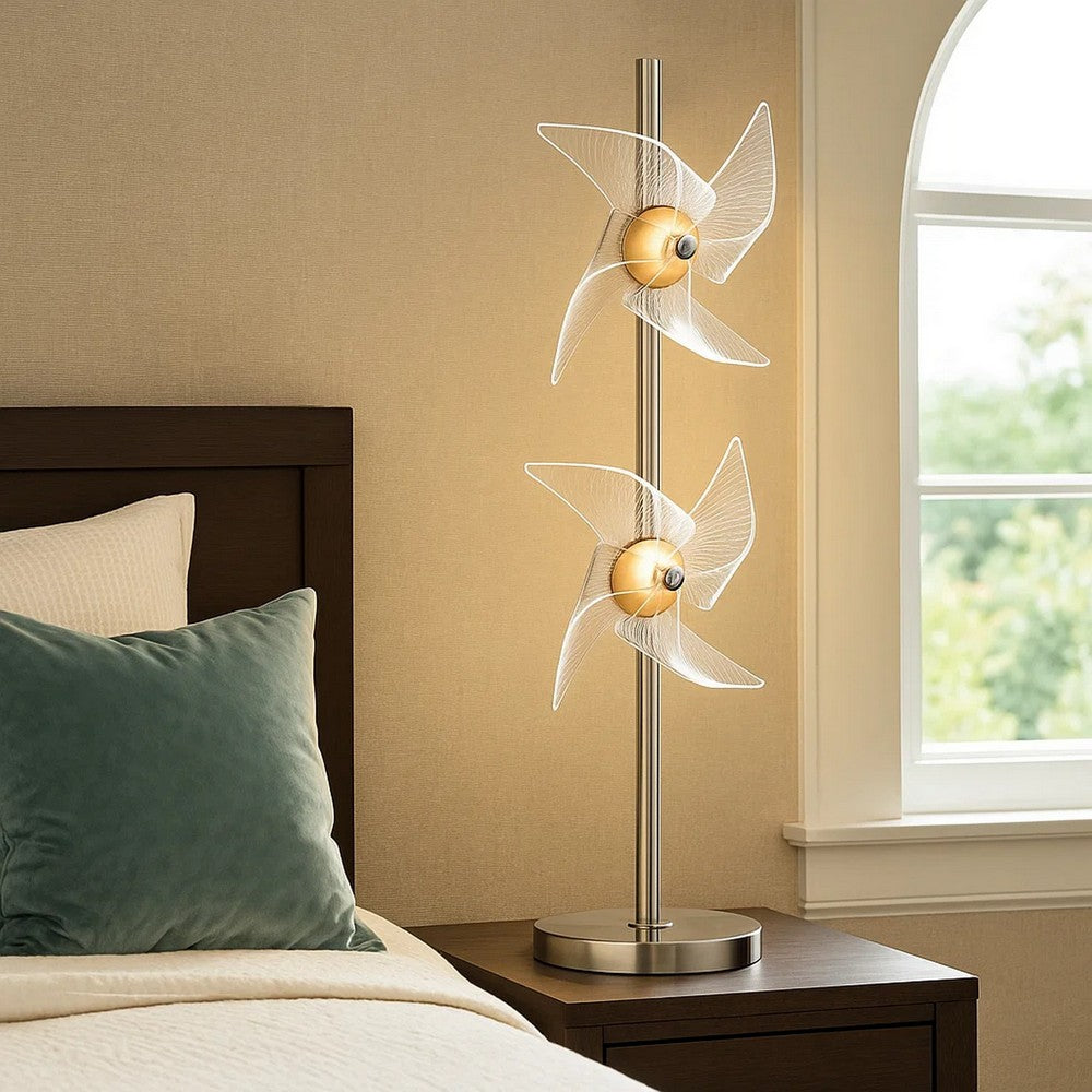 Benjara 29 Inch Table Lamp, LED Pinwheel Shades, Metal, Acrylic, Sand Chrome