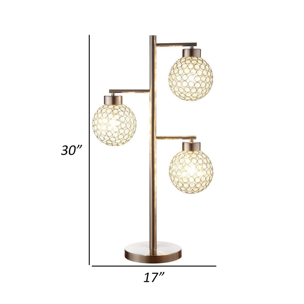 Benjara Fern 30 Inch Table Lamp with 3 Crystal Orb Shades, Metal, Sand Chrome