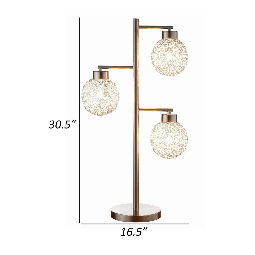 Benjara Fern 31 Inch Table Lamp with 3 Orb Shades, Metal, Sand Chrome Finish