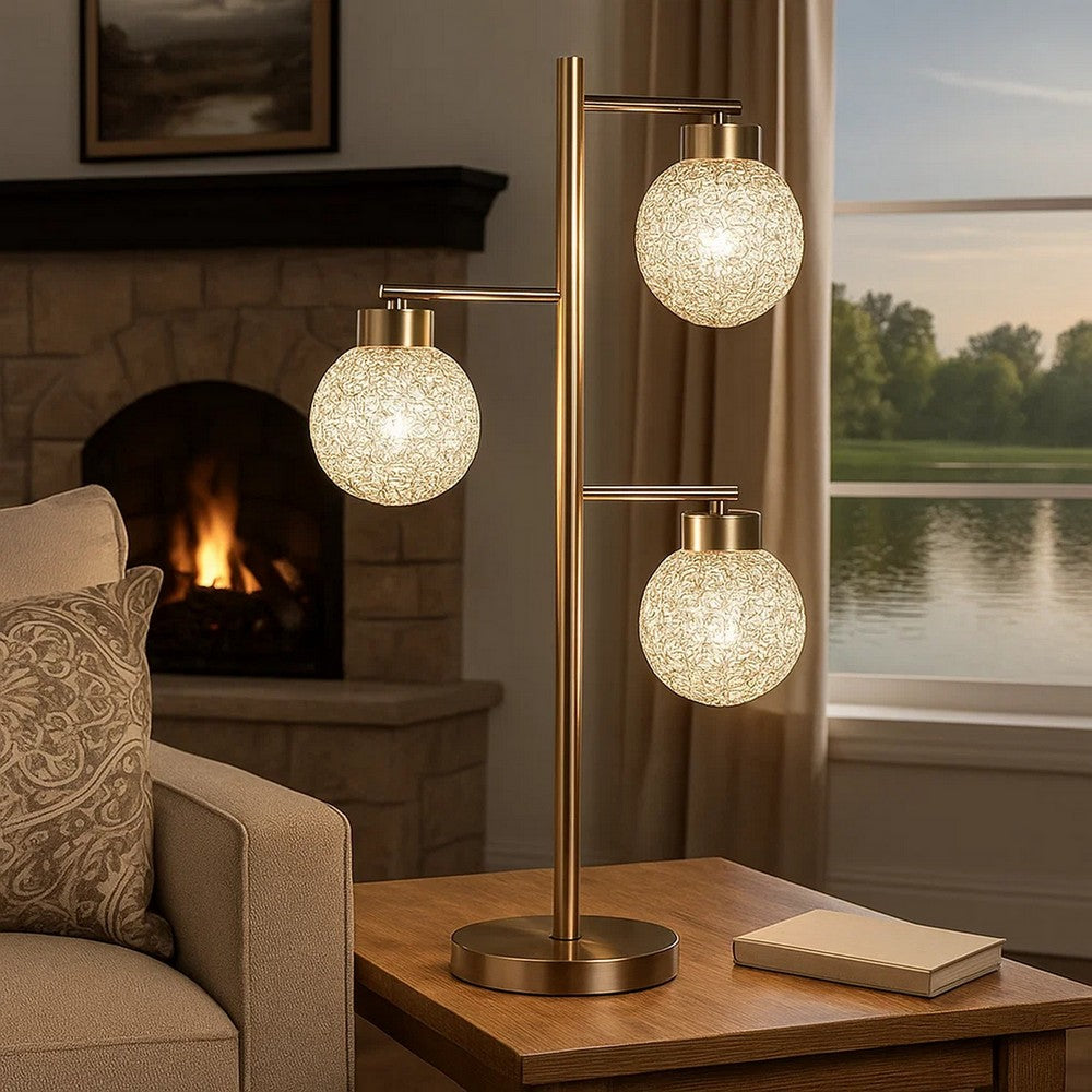Benjara Fern 31 Inch Table Lamp with 3 Orb Shades, Metal, Sand Chrome Finish