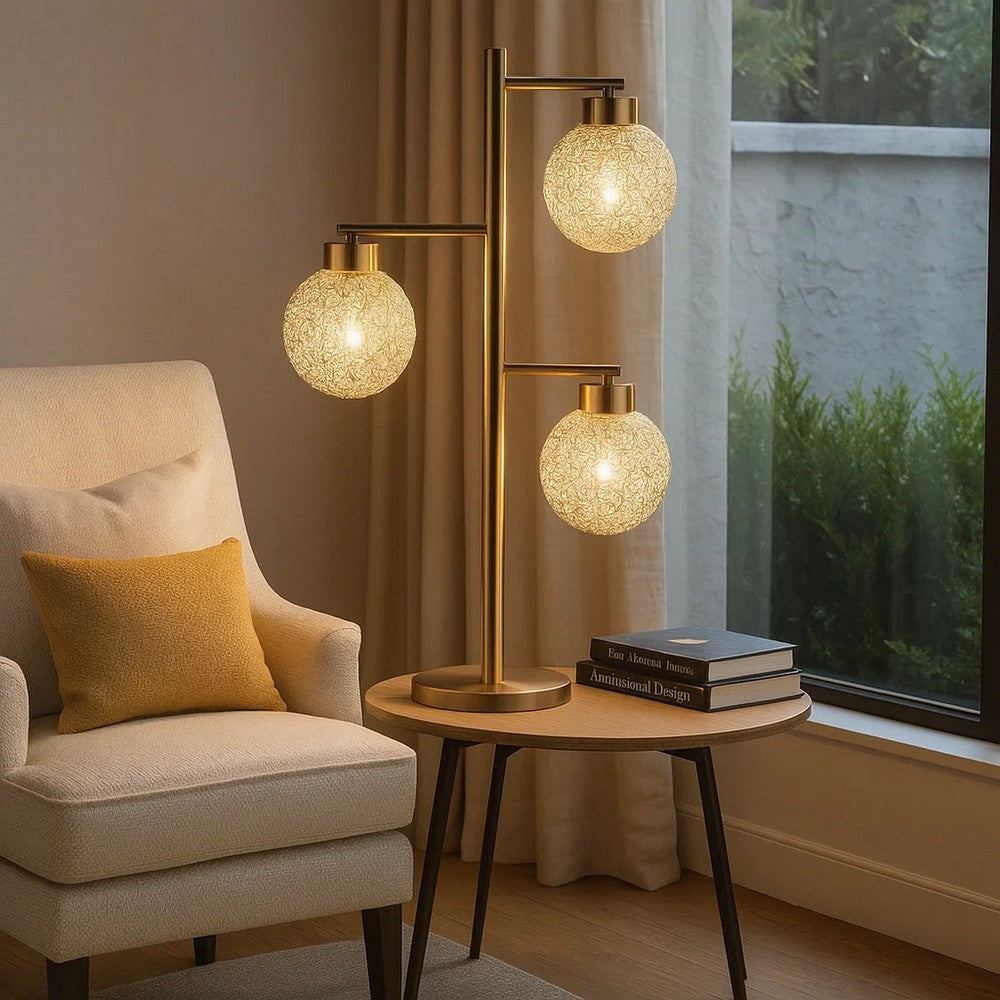 Benjara Fern 31 Inch Table Lamp with 3 Orb Shades, Metal, Sand Chrome Finish
