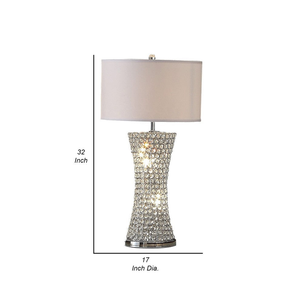 Benjara Wren 32 Inch Table Lamp, Crystal Base with Subtle Curve, Metal, Silver