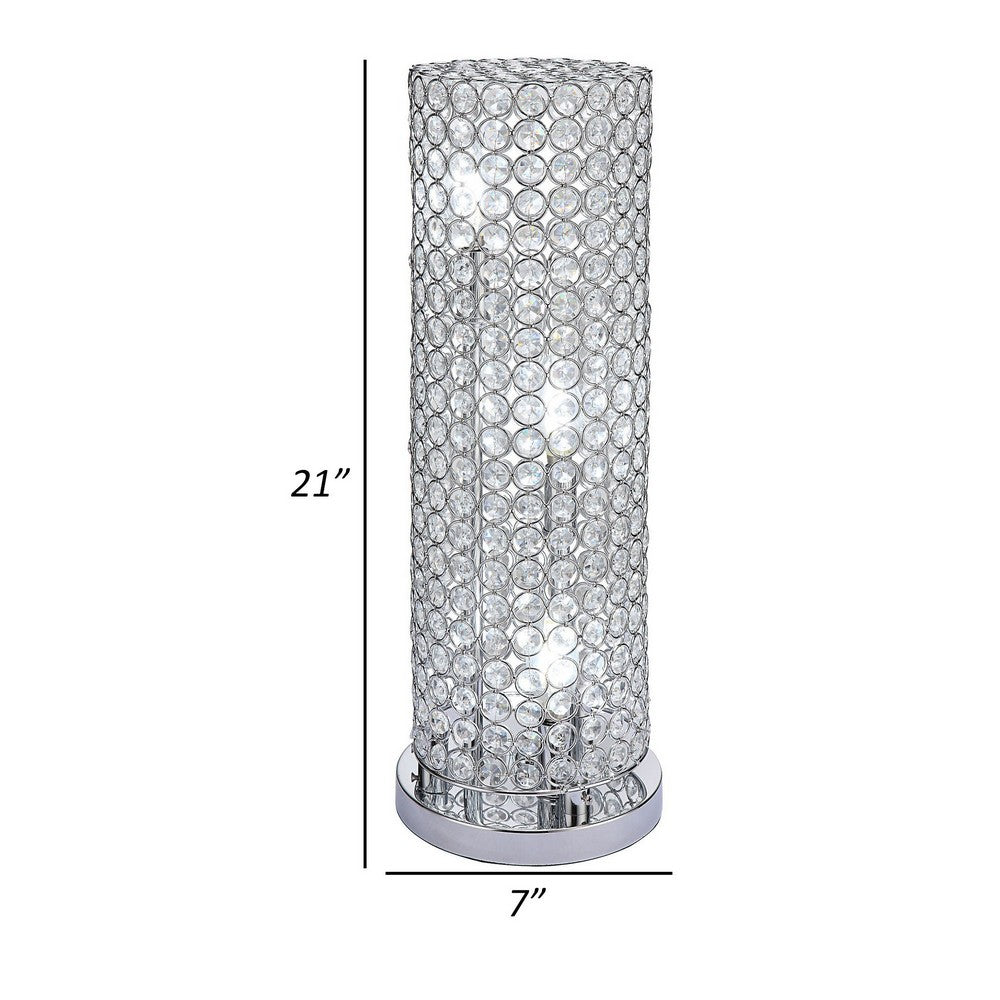 Benjara 21 Inch Table Lamp, Crystal Stand, Open-Top Design, Silver Finished Metal