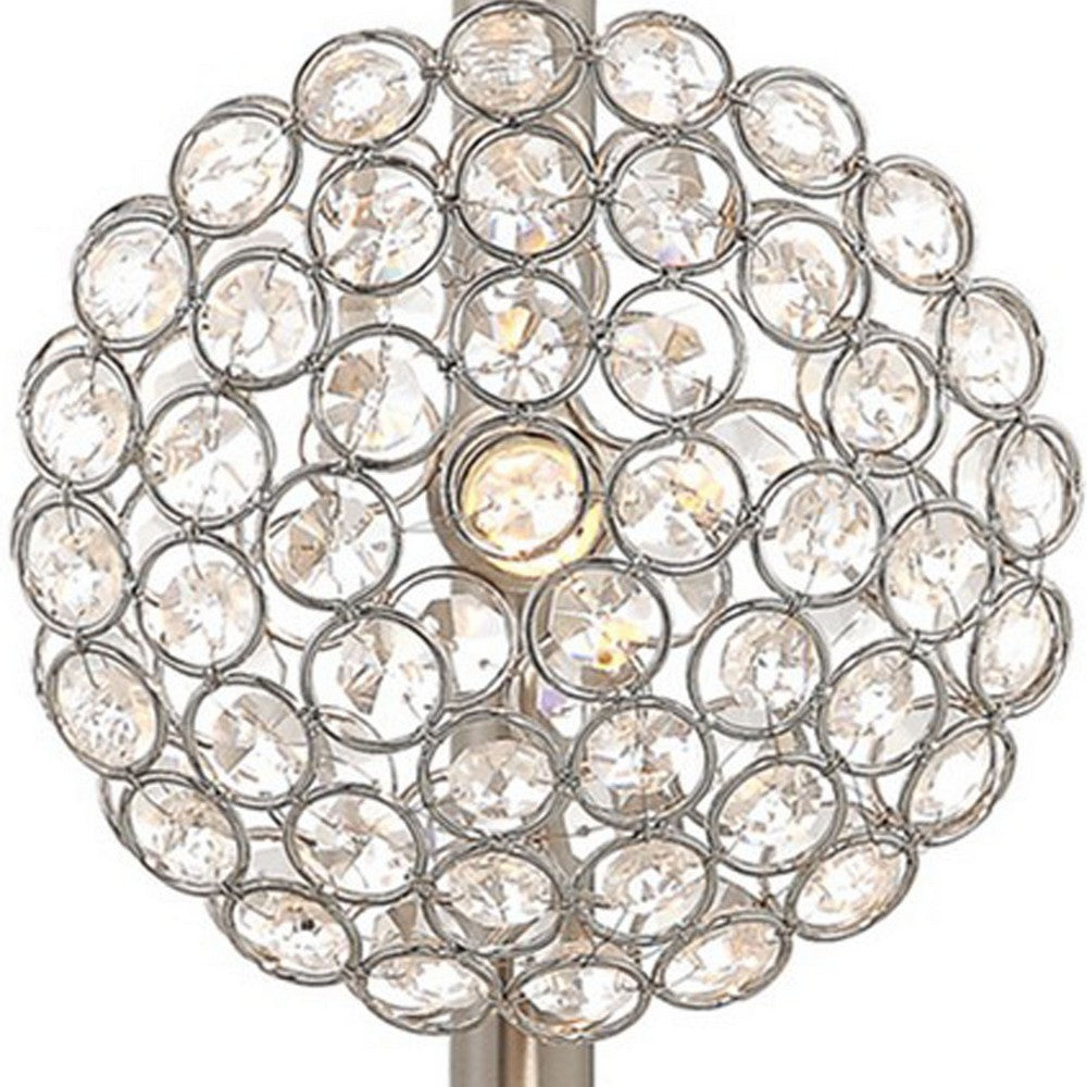 Benjara 26 Inch Table Lamp with 3 Crystal Rounds Shades, Sand Chrome Finished Metal