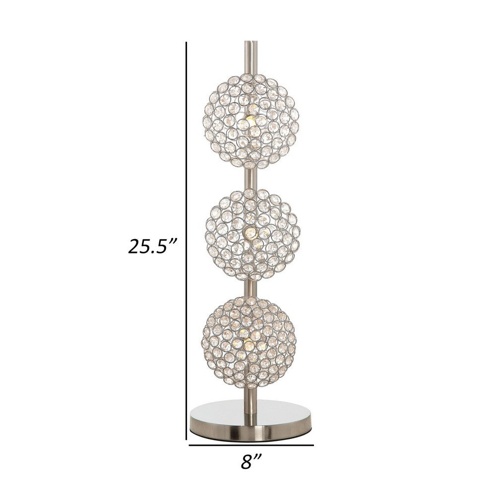 Benjara 26 Inch Table Lamp with 3 Crystal Rounds Shades, Sand Chrome Finished Metal