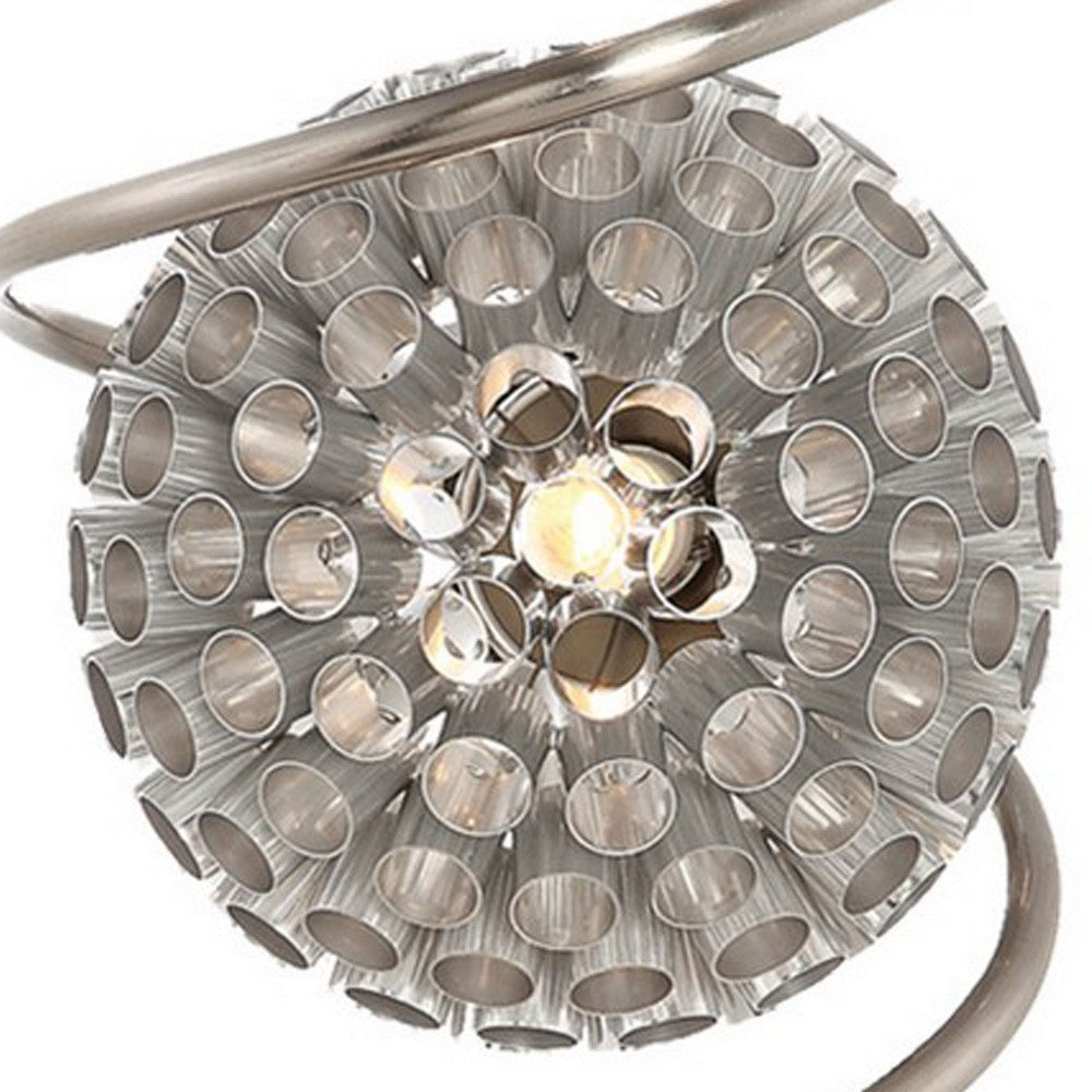 Benjara 32 Inch Table Lamp, Round Shades, Curved Stem, Sand Chrome Finished Metal