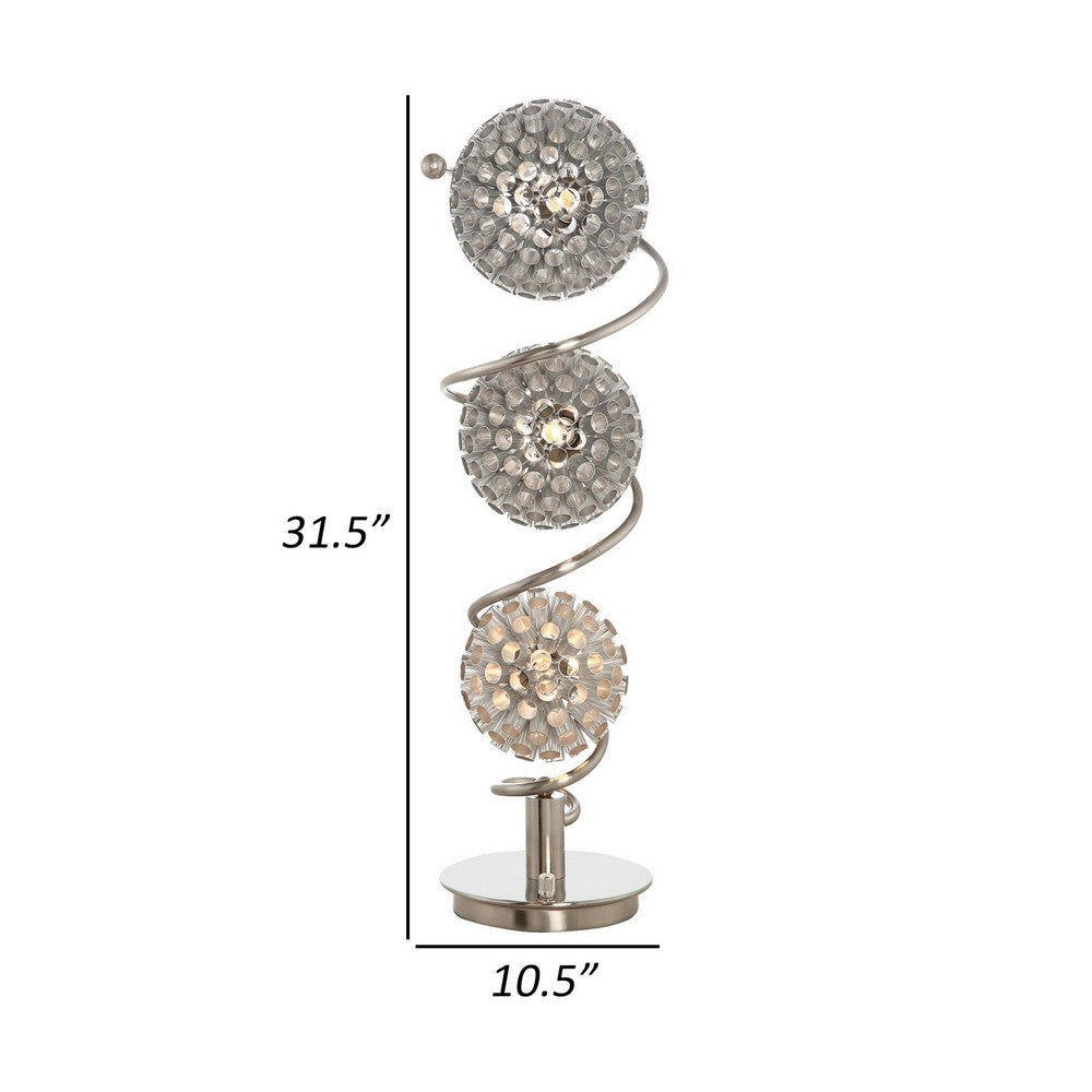 Benjara 32 Inch Table Lamp, Round Shades, Curved Stem, Sand Chrome Finished Metal