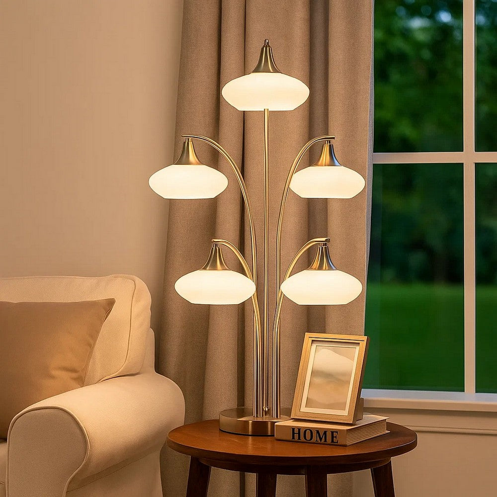 Benjara 31 Inch Table Lamp, 5 Dome Shape Shades, Glass, Sand Chrome Finished Metal