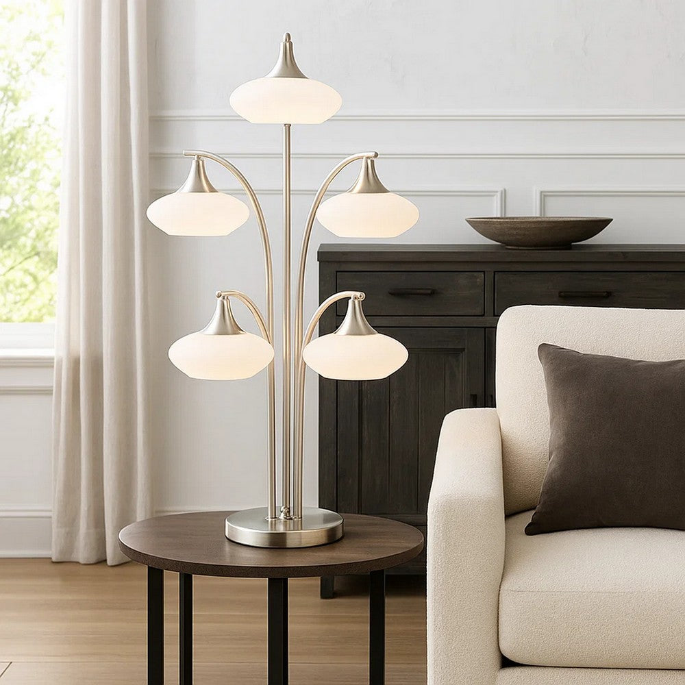 Benjara 31 Inch Table Lamp, 5 Dome Shape Shades, Glass, Sand Chrome Finished Metal