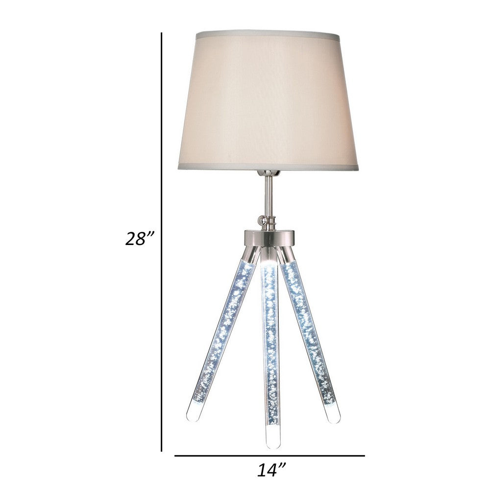 Benjara 28 Inch Table Lamp, LED Tripod Base, Acrylic And Sand Chrome Finished Metal