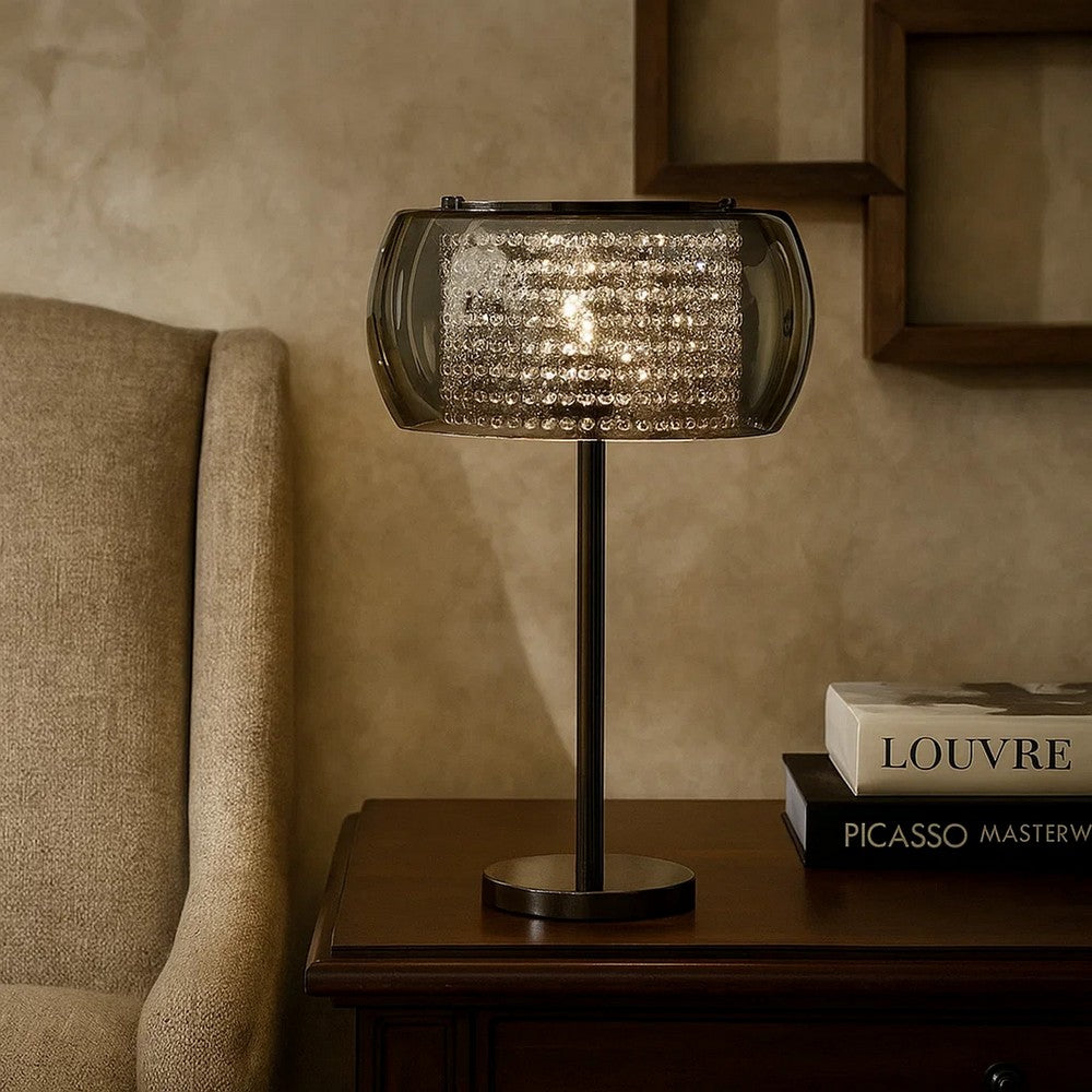 Benjara Hana 30 Inch Table Lamp, Modern Crystal Glass Shade, Metal, Black Nickel