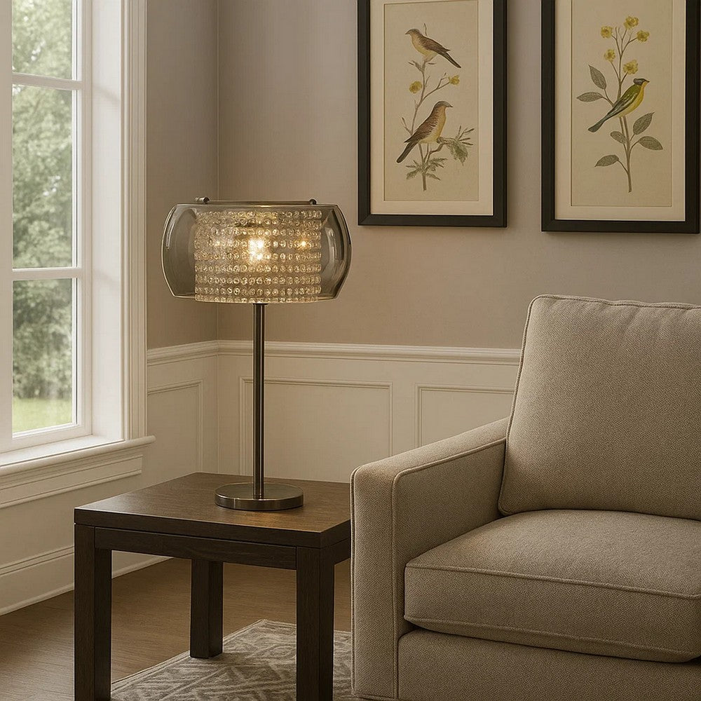 Benjara Hana 30 Inch Table Lamp, Modern Crystal Glass Shade, Metal, Black Nickel