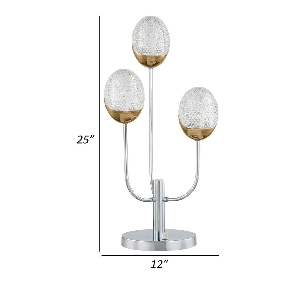 Benjara 25 Inch Table Lamp, 3 Globe Crystal Shades, Modern Nickel Metal Base